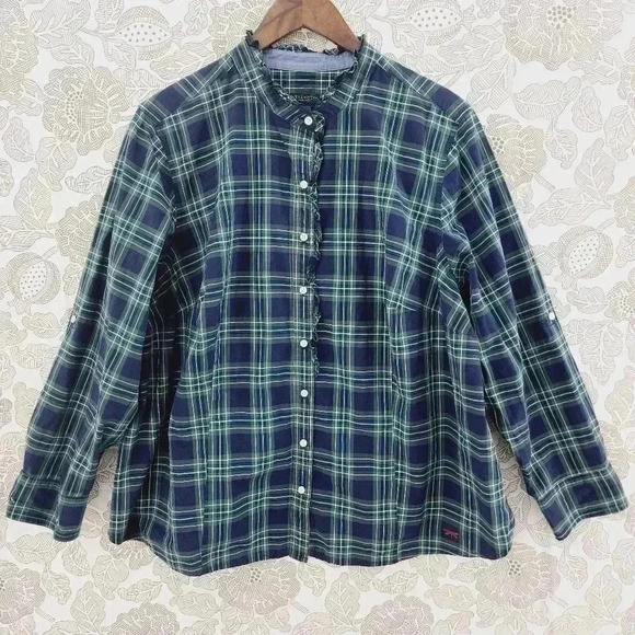 Talbots Plaid Button Up Mock Ruffle Long Sleeve Blouse Women's 22WP - Picture 1 of 8